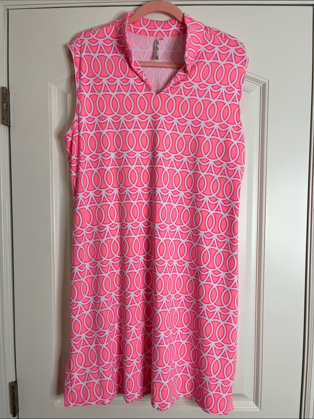 Lulu-B Hot Pink & White Sleeveless V-Neck Geometric Dress-XL